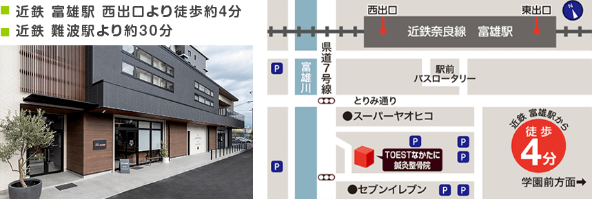 近鉄富雄駅下車 西出口出て、直ぐ左に折れ小さな横断歩道を渡り直進。スーパーヤオヒコの前を過ぎ少し歩くと当院が見えます。